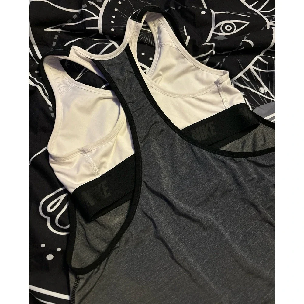 Nike Dri-FIT Grey/White/Black Loose‎ Active Tank Over Sports Bra, Medium